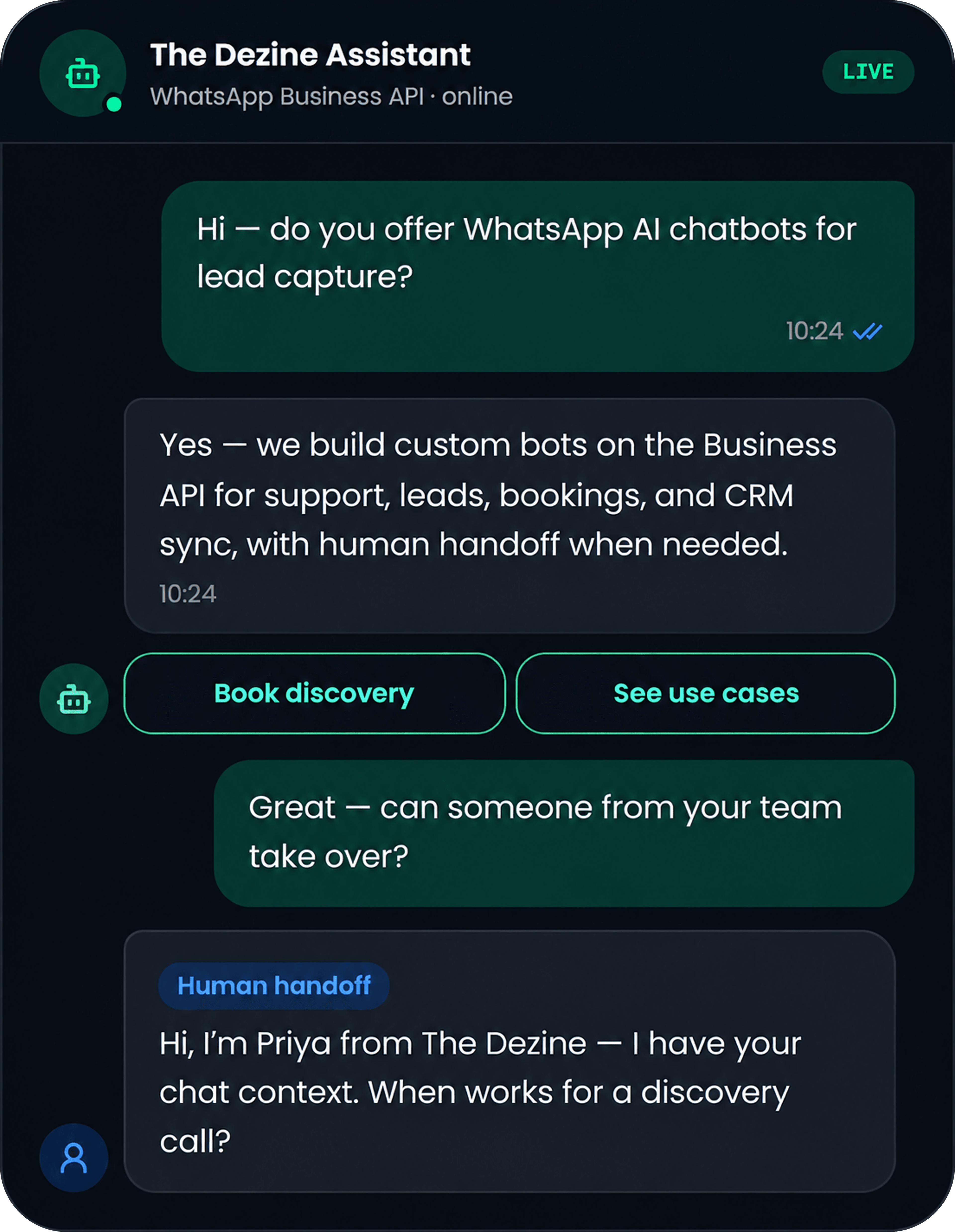 WhatsApp AI Chatbot live interface preview