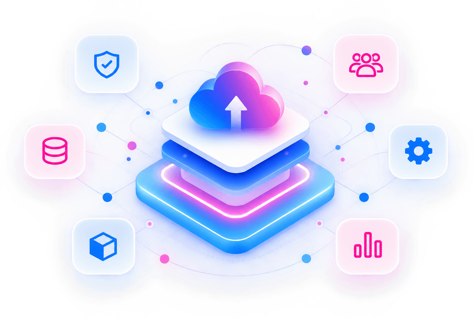 SaaS cloud infrastructure with security, users, databases, analytics, and connected services