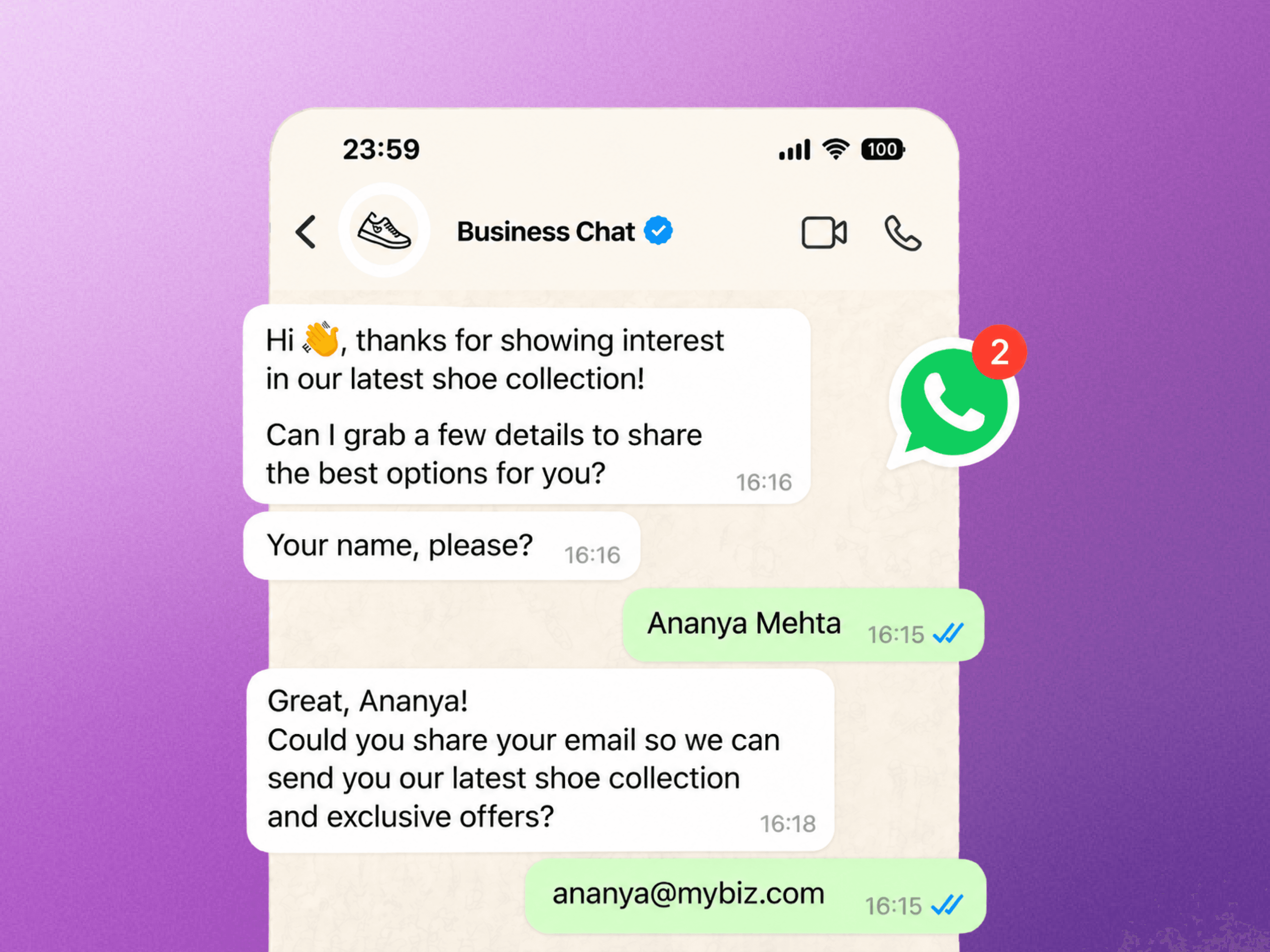 WhatsApp sales assistant collecting details from an interested customer