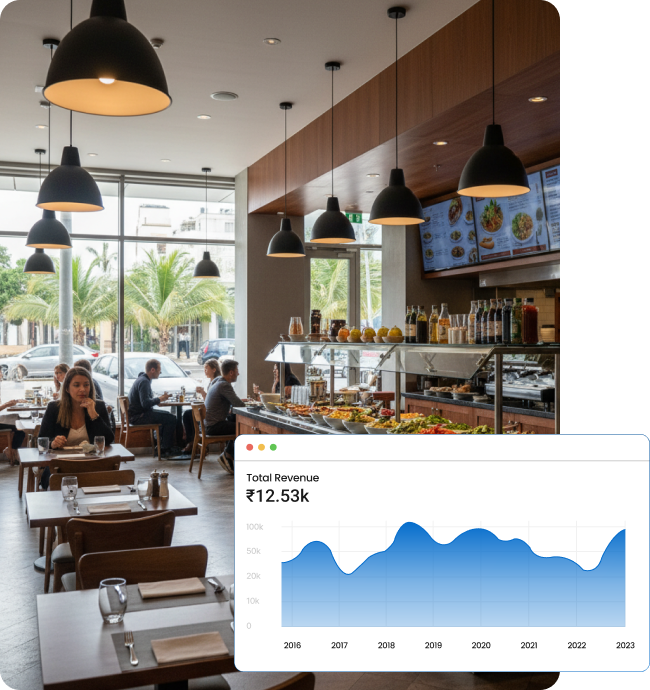 Restaurant scene with revenue chart